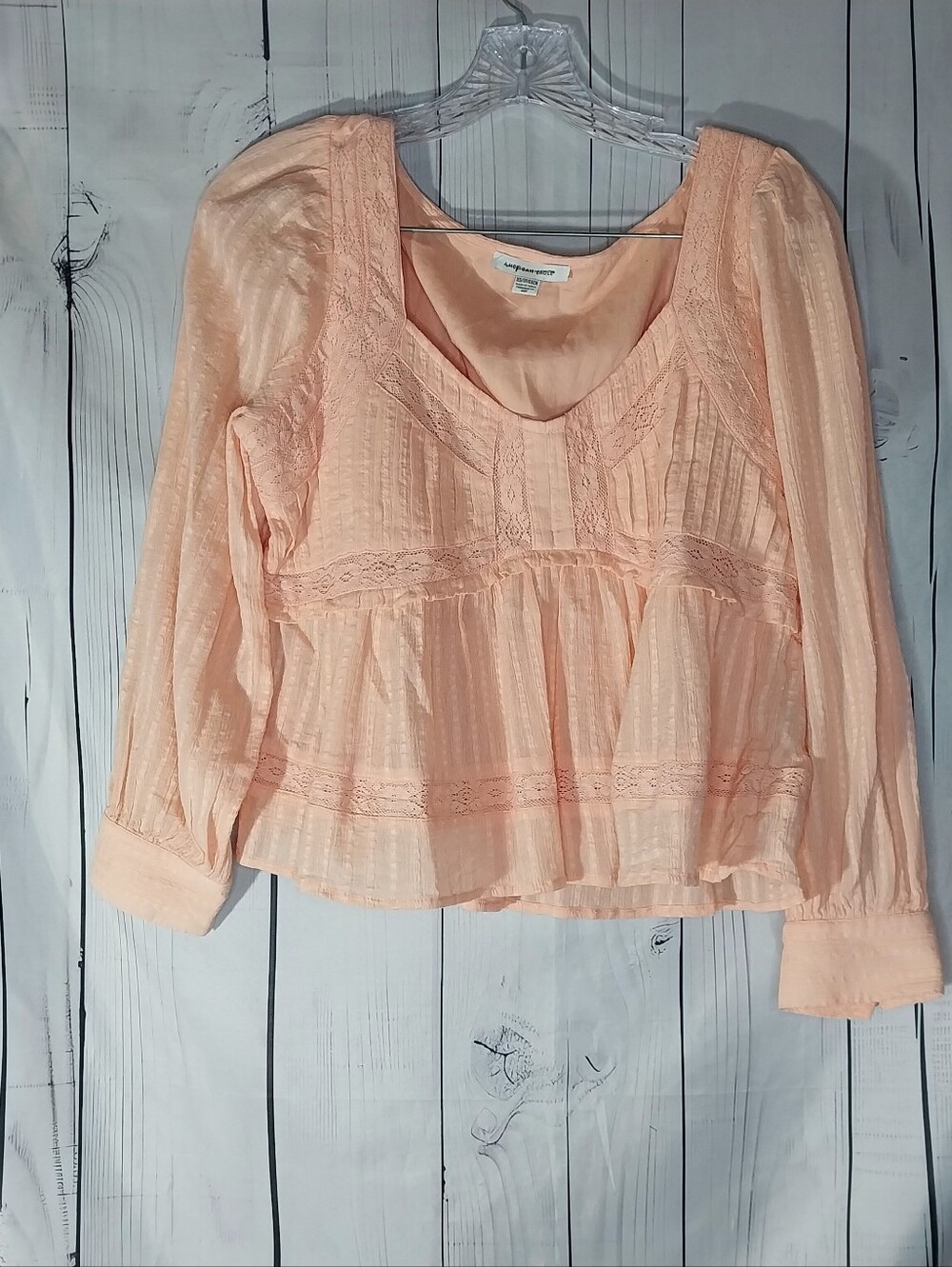American Eagle Peachy- Pink Lace Accented Cottagecore Peasant Babydoll Blouse